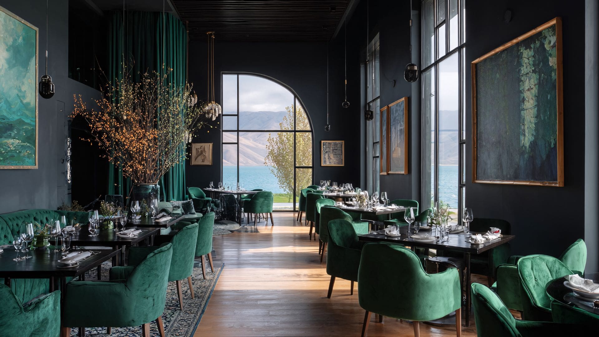 Elegant dining room with green velvet chairs, floor to ceiling windows, and scenic waterfront views creating a calm, design forward restaurant setting.
